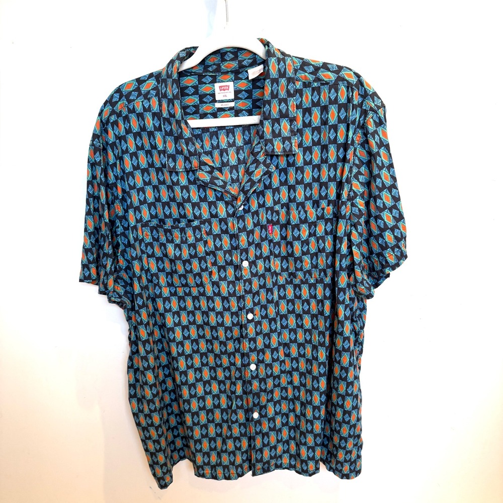 Levis‎ Mens XXL Relaxed Fit Short Sleeve Button Down Geometric Diamond Shirt